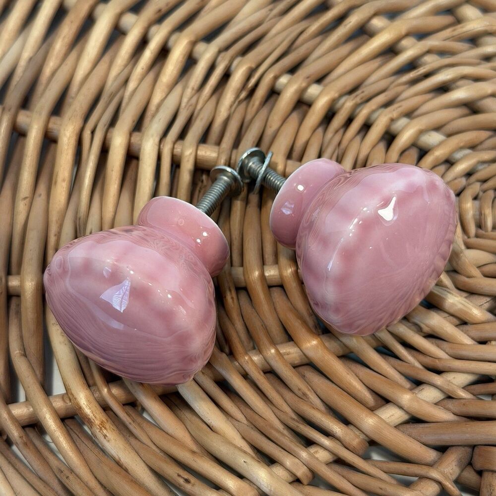 Set Of 4 Pink Cabinet Knobs Ceramic Glazed Scalloped Furniture  1 3/8” Cottage